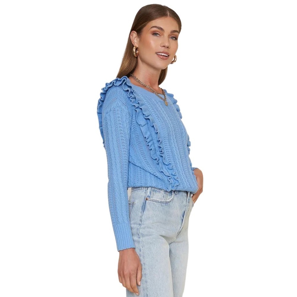 Blue Rain Sky Blue Ruffled Long Sleeve Shirt Light Sweater Women’s Size Large